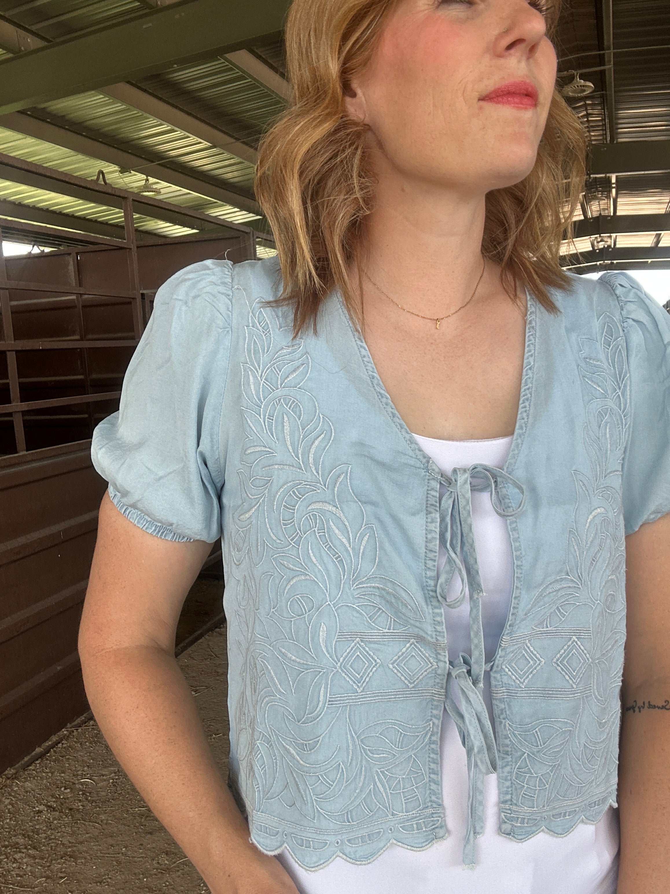 Embroidered Front Tie Chambray Top