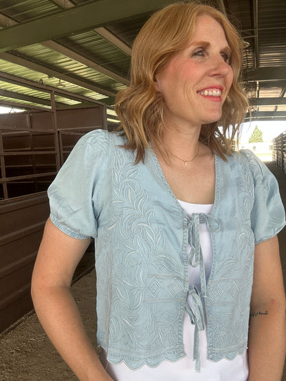 Embroidered Front Tie Chambray Top