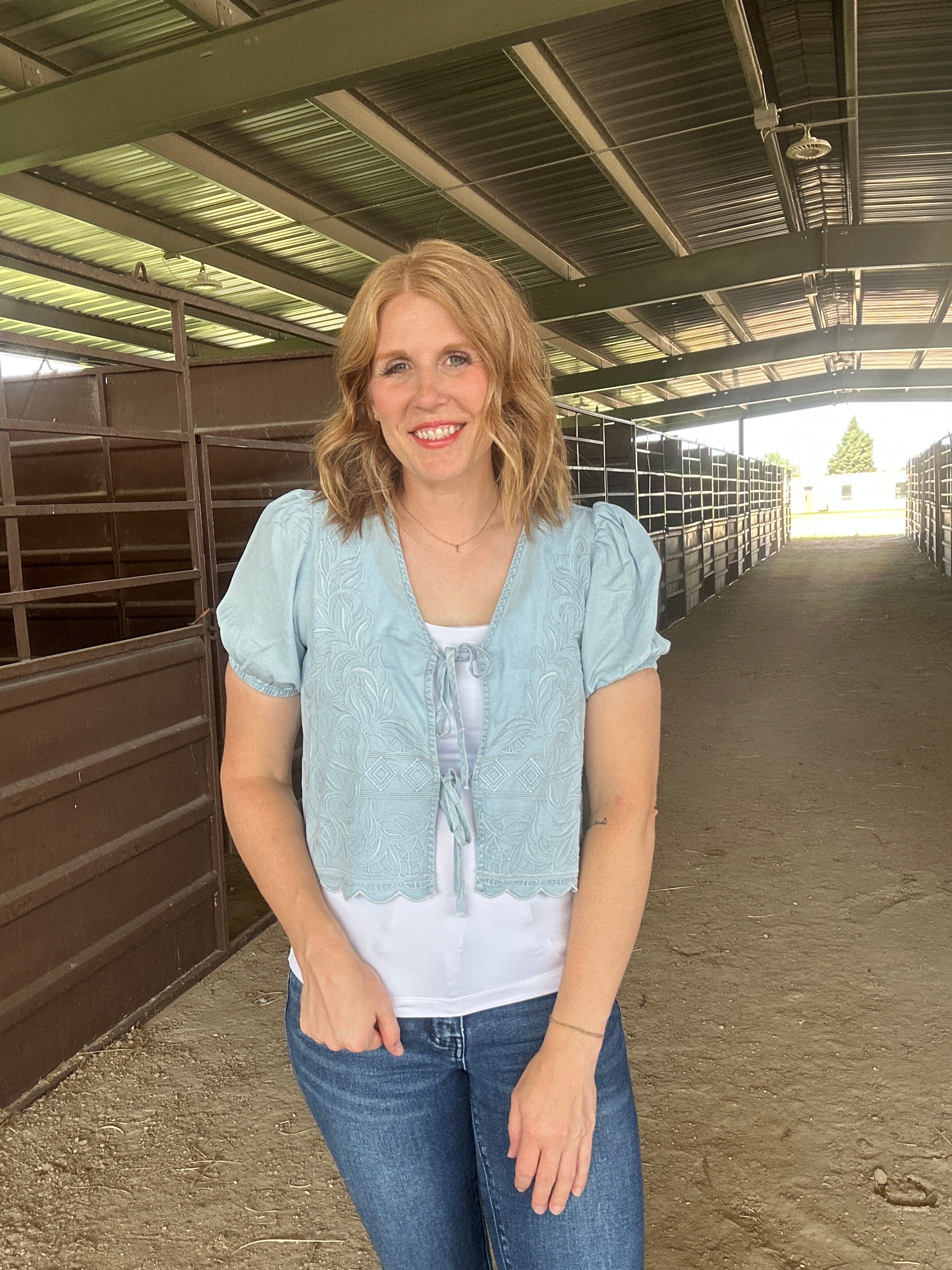 Embroidered Front Tie Chambray Top