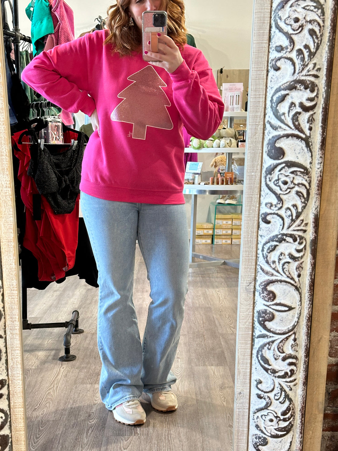 Pink Glitter Tree Crewneck