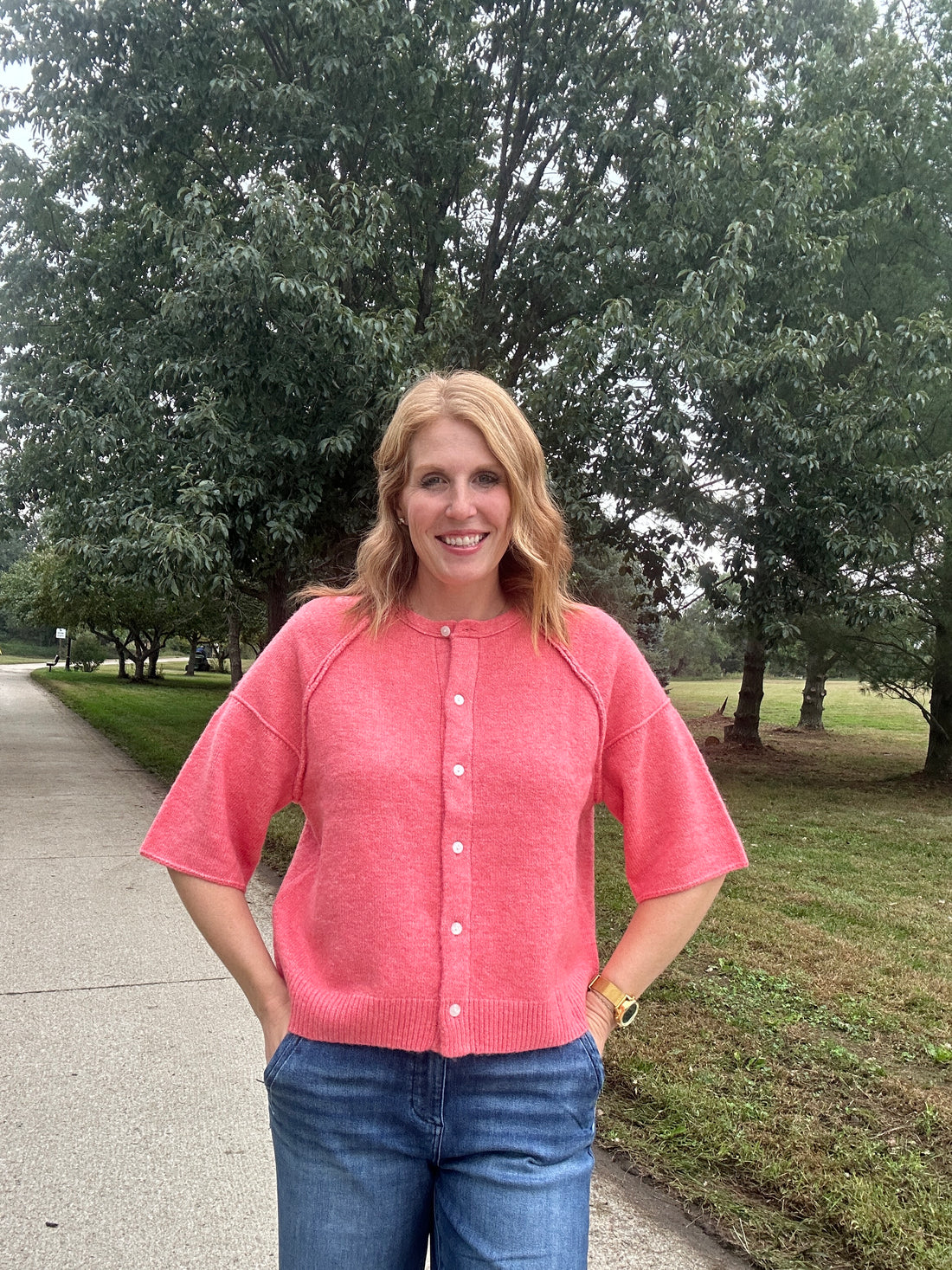 Coral Button Down Sweater