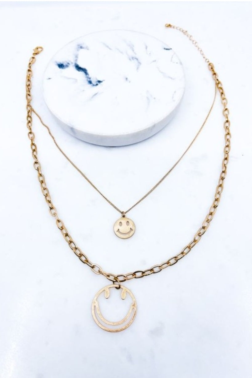 Layered Smiley Face Necklace - Gold